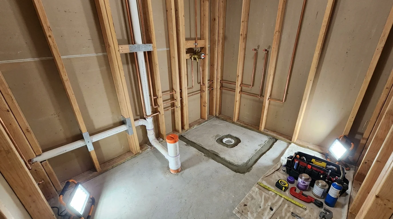 Bathroom rough-in plumbing during remodel by Johns Plumbing LLC in Owls Head