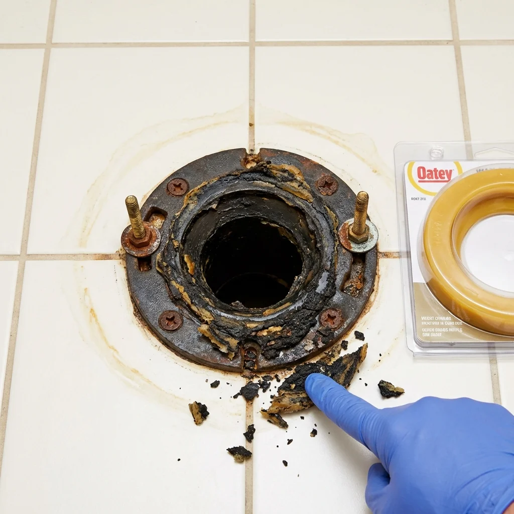 Failed wax ring showing water seepage at the base of a toilet in a Owls Head, ME home