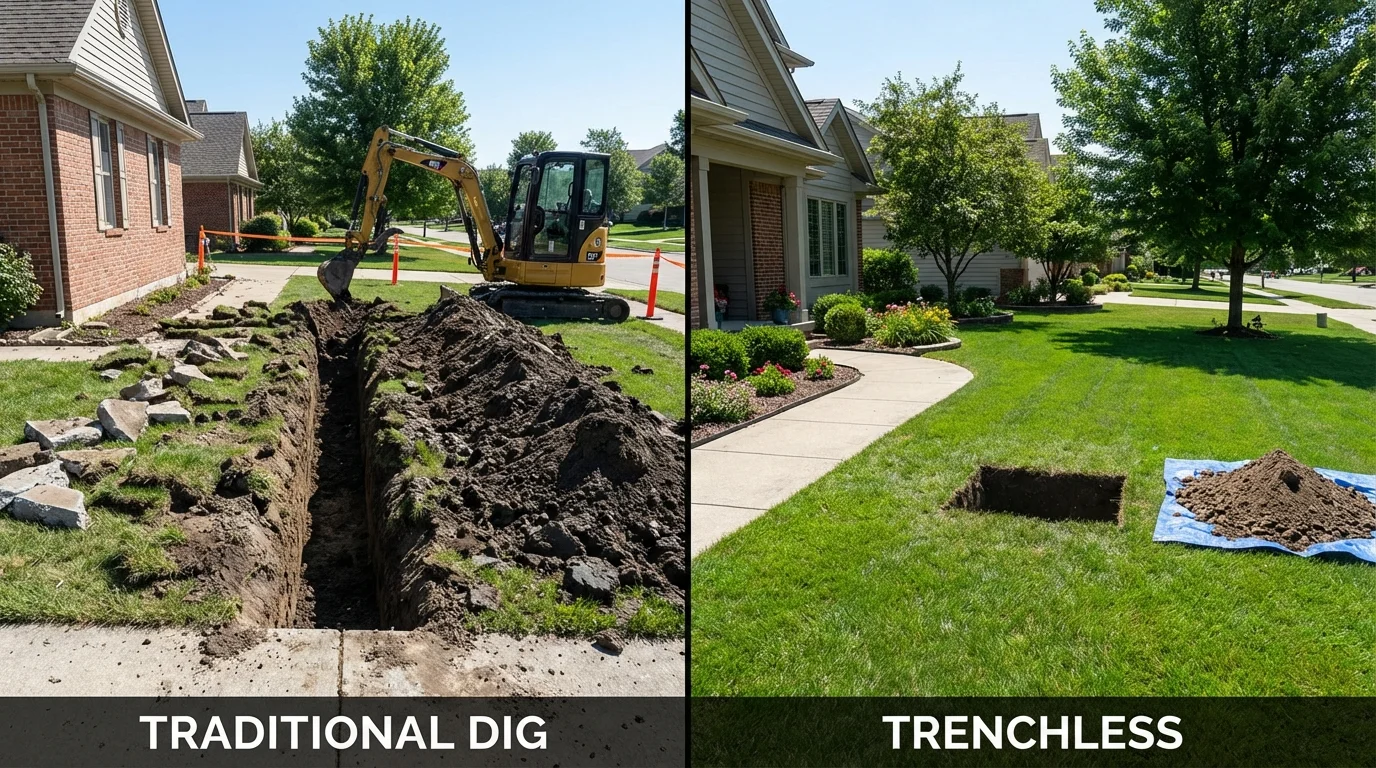 Trenchless sewer repair with minimal yard damage versus traditional excavation in Owls Head, ME