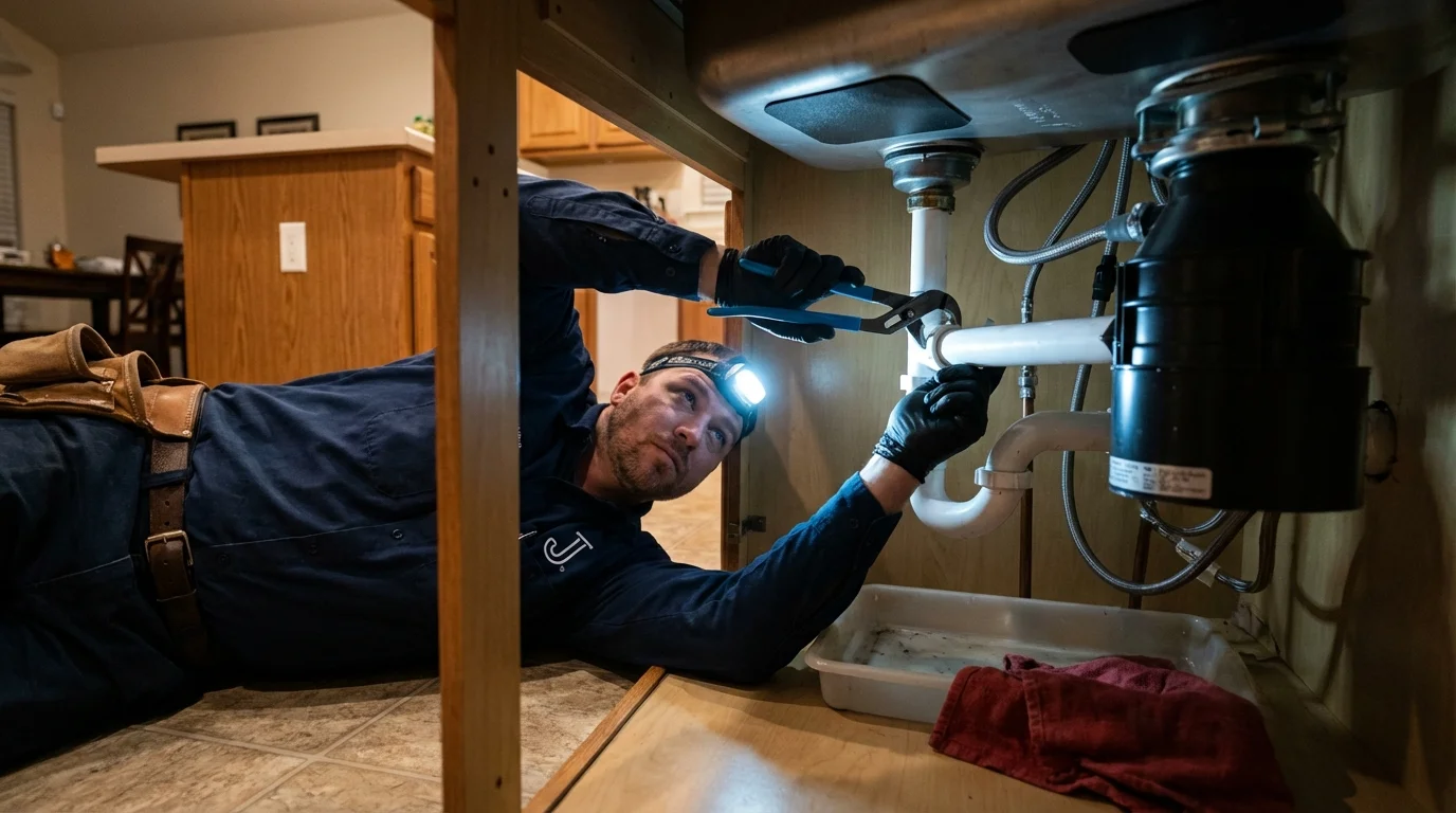 P-trap and supply line connections under a kitchen sink showing a common leak point in Owls Head, ME